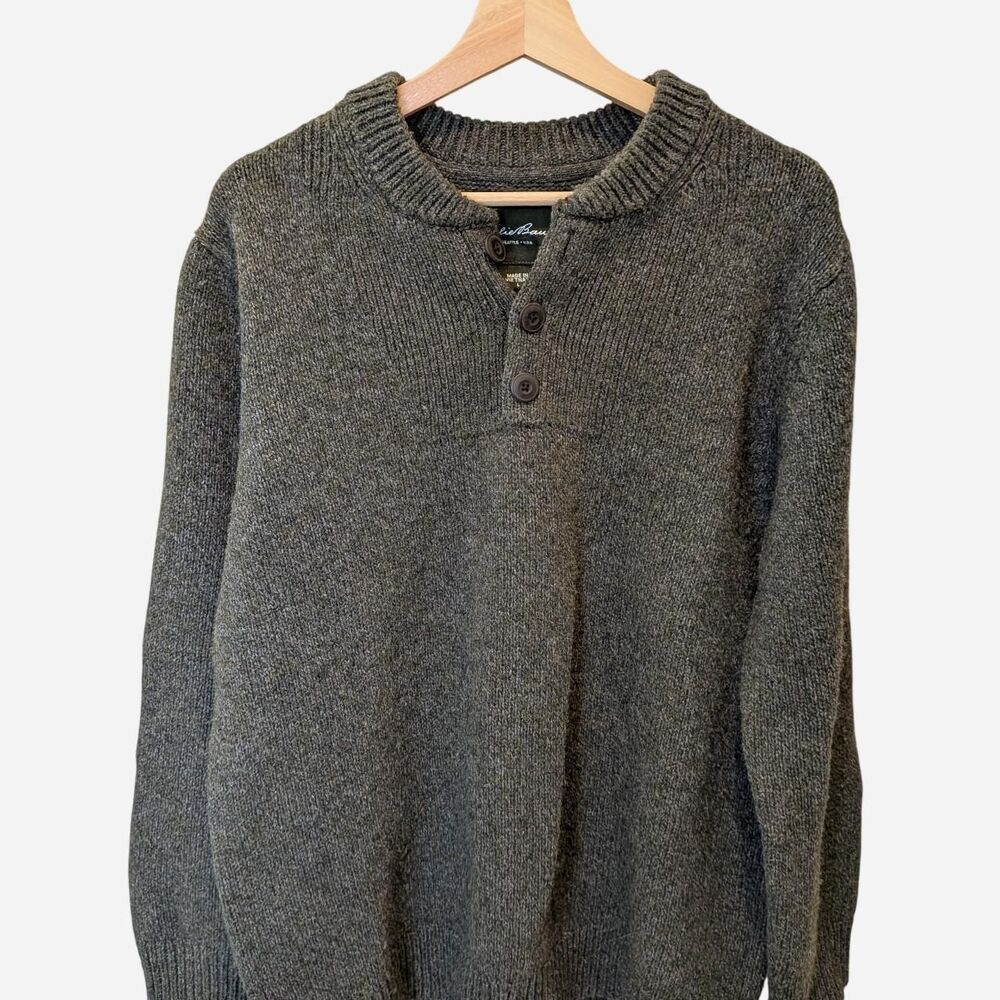 Eddie Bauer Fisherman Knit Grandpa Wool Blend Sweater Olive Gray Large Vintage